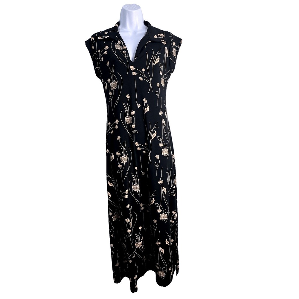 New York & Company Maxi Dress Women M Black Cream Floral V-Neck Cap Sleeve Slit